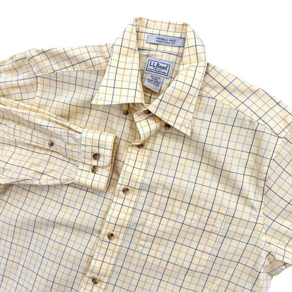 LL Bean Button Down Shirt Mens Medium Yellow Wrinkle‎ Free Traditional Fit Plaid